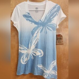 Cute Blue White Butterfly Short Sleeve Tee Shirt Top Med